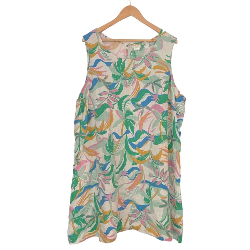 C&C California 100% Linen Shift Dress Size 3X Colorful Beach Coastal Sleeveless